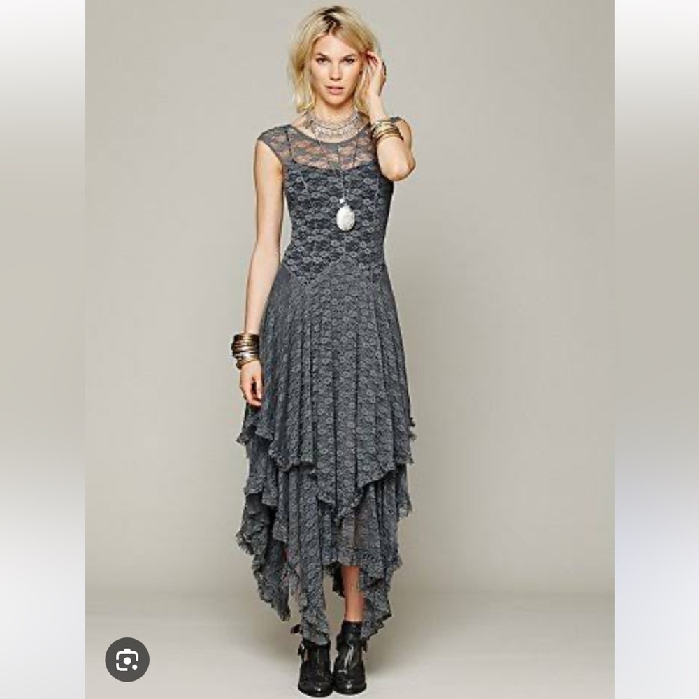 Long Grey Lace Slip Dress - Size Large